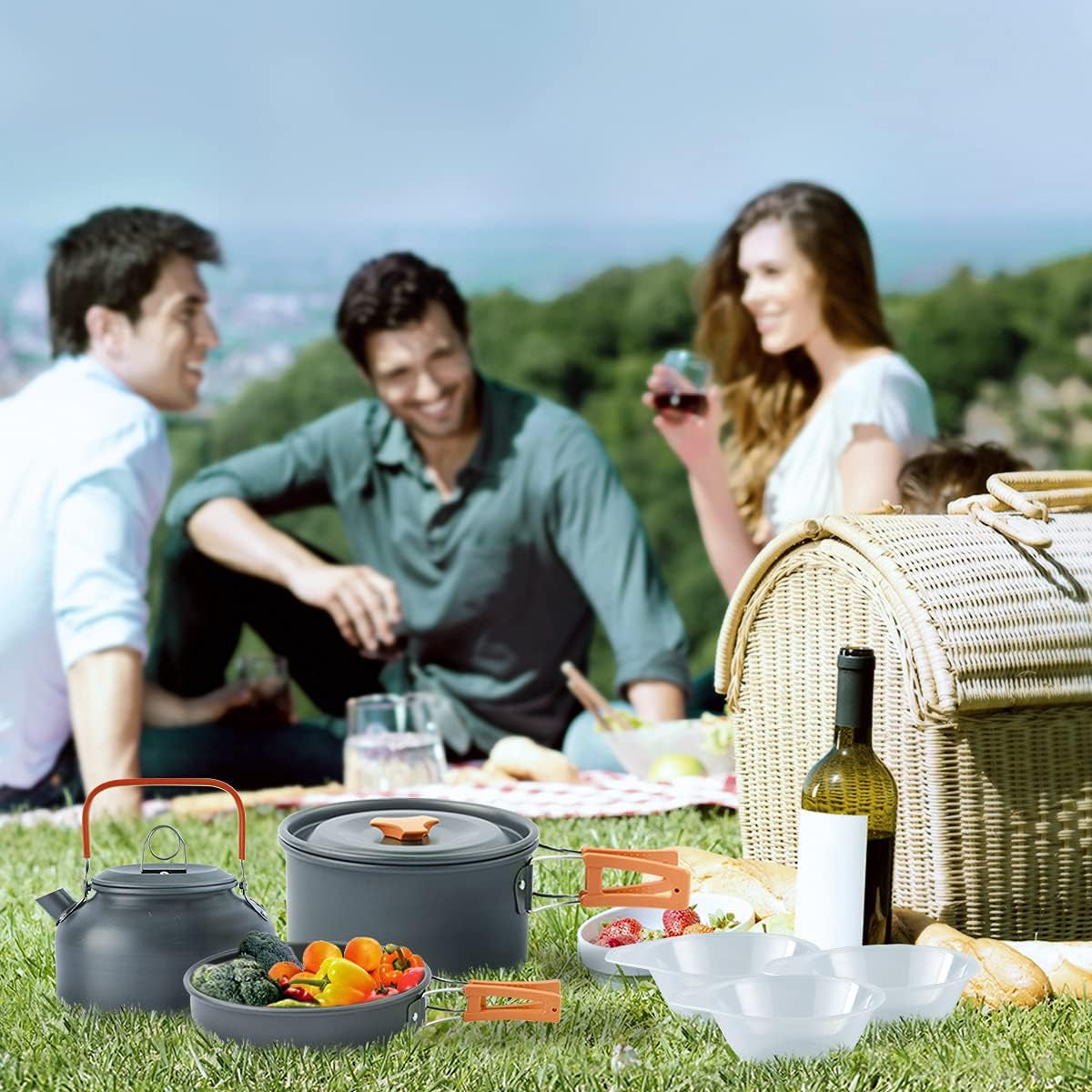 Camping Cookware Mess Kit for 1-3 Person Backpacking Cookware Set 12 Pcs Camping Pots and Pans Set with Mesh Bag for Outdoor Camping Backpacking Hiking Picnic