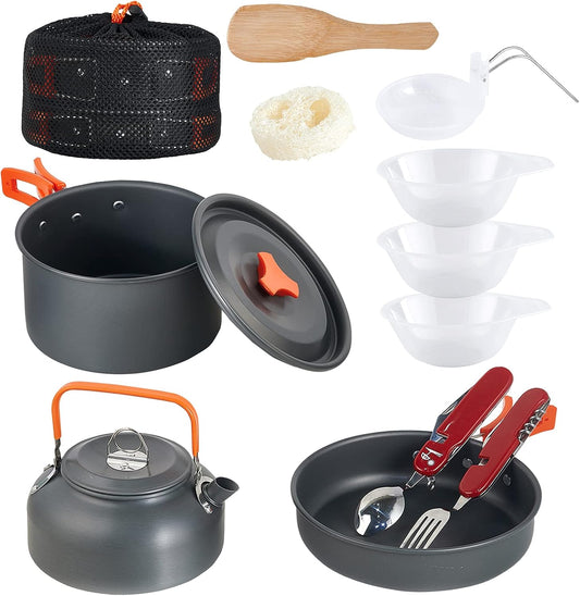 Camping Cookware Mess Kit for 1-3 Person Backpacking Cookware Set 12 Pcs Camping Pots and Pans Set with Mesh Bag for Outdoor Camping Backpacking Hiking Picnic